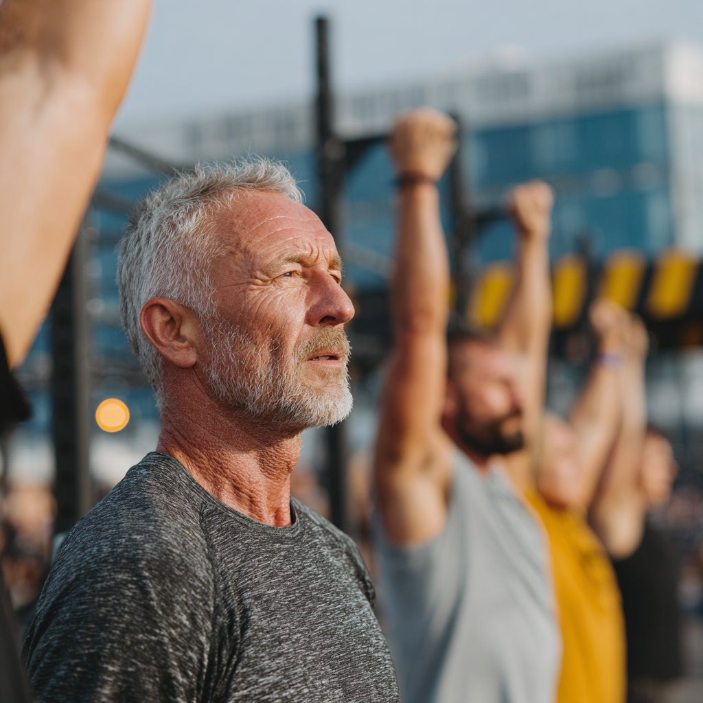 Група активних людей віком 50-60 років виконує групове кросфіт тренування на свіжому повітрі