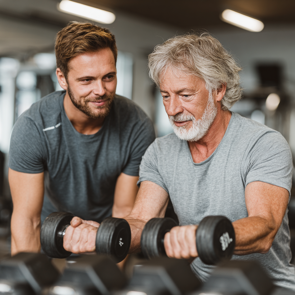 Досвідчений тренер консультує чоловіка 58 років щодо правильної техніки виконання вправ з гантелями