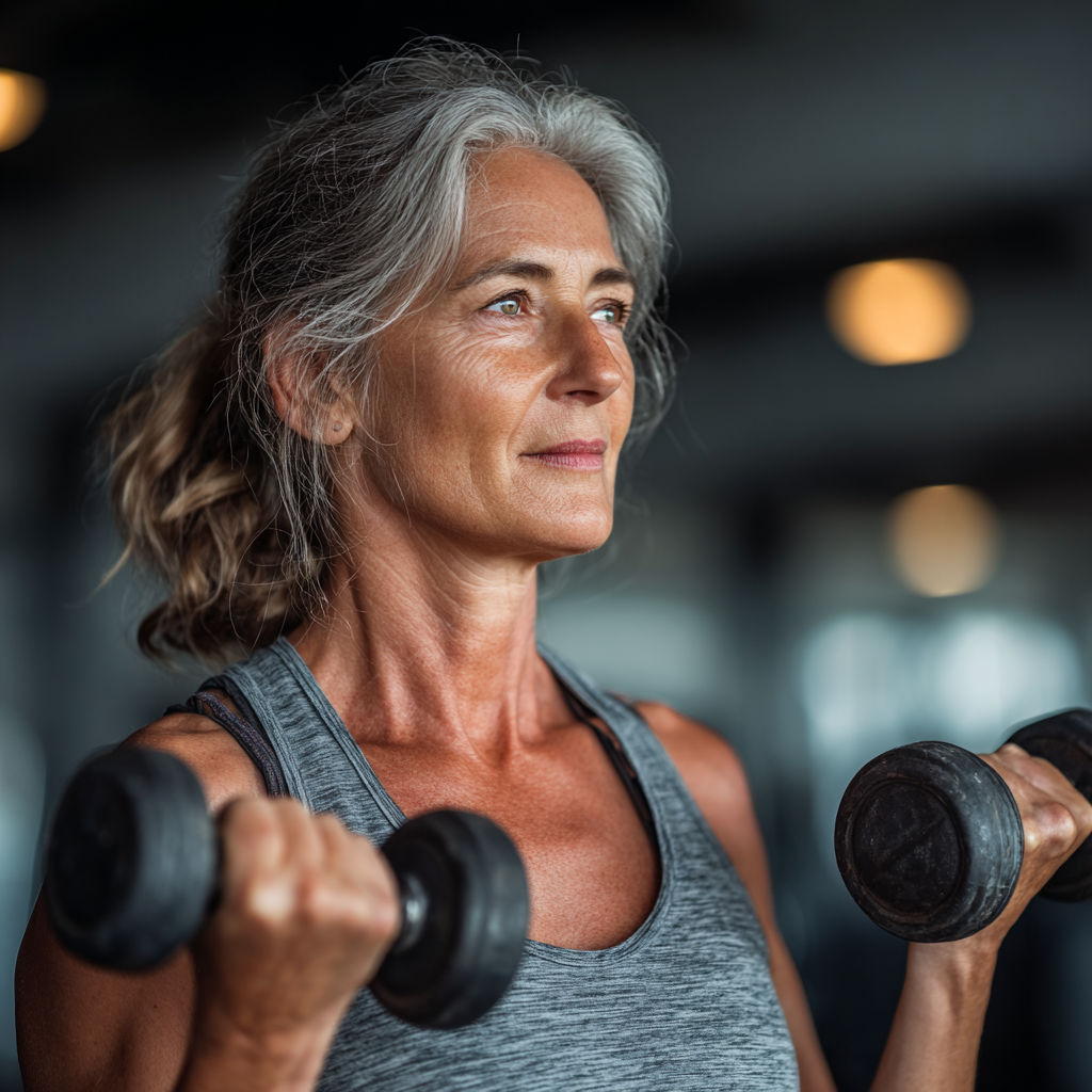 Енергійна жінка 55 років виконує функціональні вправи з гантелями у сучасному спортивному залі