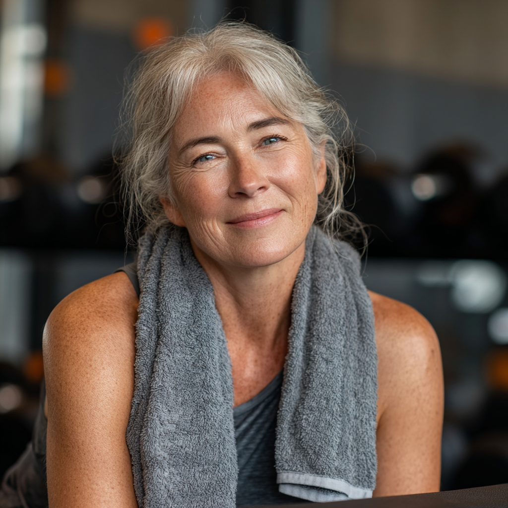 Радісна жінка 52 років після тренування сидить на лавці у спортивному залі з рушником на плечах